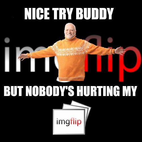 Blank Black Square template | NICE TRY BUDDY; BUT NOBODY'S HURTING MY | image tagged in imgflip humor,imgflip,hide the pain harold,protect imgflip,memes | made w/ Imgflip meme maker