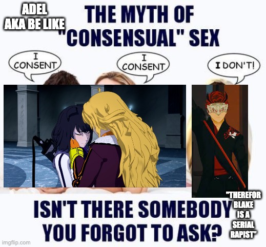 The myth of consensual X | ADEL AKA BE LIKE; "THEREFOR BLAKE IS A SERIAL RAPIST" | image tagged in the myth of consensual x,rwby | made w/ Imgflip meme maker