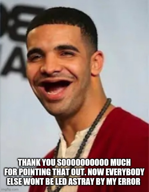 Goofy drake | THANK YOU SOOOOOOOOOO MUCH FOR POINTING THAT OUT. NOW EVERYBODY ELSE WONT BE LED ASTRAY BY MY ERROR | image tagged in goofy drake | made w/ Imgflip meme maker