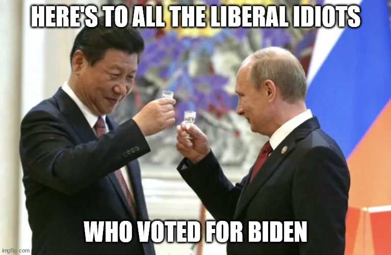 Liberal Idiots | HERE'S TO ALL THE LIBERAL IDIOTS; WHO VOTED FOR BIDEN | image tagged in liberal idiots,putin,xi | made w/ Imgflip meme maker
