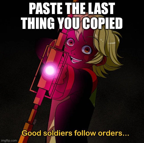 Good soldiers follow orders | PASTE THE LAST THING YOU COPIED | image tagged in good soldiers follow orders | made w/ Imgflip meme maker