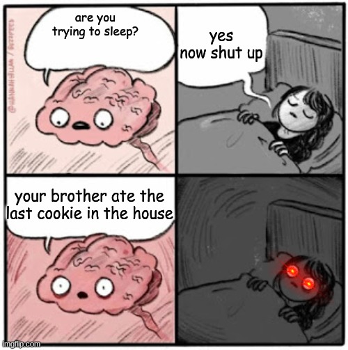 ... | yes now shut up; are you trying to sleep? your brother ate the last cookie in the house | image tagged in brain before sleep | made w/ Imgflip meme maker