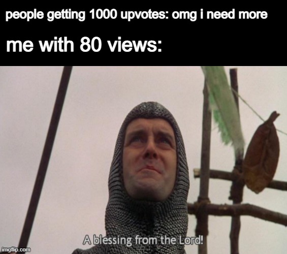 ty for the views lmoa | people getting 1000 upvotes: omg i need more; me with 80 views: | image tagged in a blessing from the lord | made w/ Imgflip meme maker