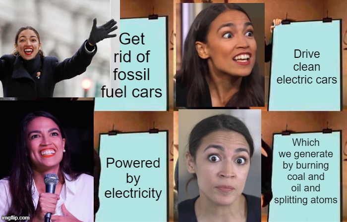 Gru's Plan Meme | Get rid of fossil fuel cars Drive clean electric cars Powered by electricity Which we generate by burning coal and oil and splitting atoms | image tagged in memes,gru's plan | made w/ Imgflip meme maker