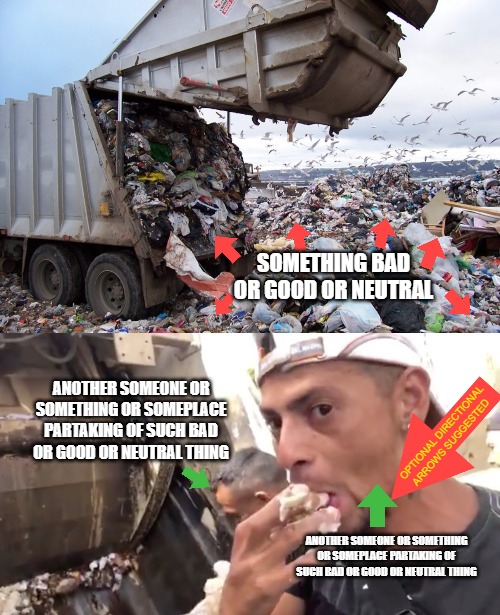 Eating garbage | SOMETHING BAD OR GOOD OR NEUTRAL; ANOTHER SOMEONE OR SOMETHING OR SOMEPLACE PARTAKING OF SUCH BAD OR GOOD OR NEUTRAL THING; OPTIONAL DIRECTIONAL ARROWS SUGGESTED; ANOTHER SOMEONE OR SOMETHING OR SOMEPLACE PARTAKING OF SUCH BAD OR GOOD OR NEUTRAL THING | image tagged in eating garbage,new template,meme template,memes | made w/ Imgflip meme maker