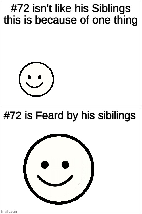 Blank Comic Panel 1x2 | #72 isn't like his Siblings
this is because of one thing; #72 is Feard by his sibilings | image tagged in memes,blank comic panel 1x2 | made w/ Imgflip meme maker