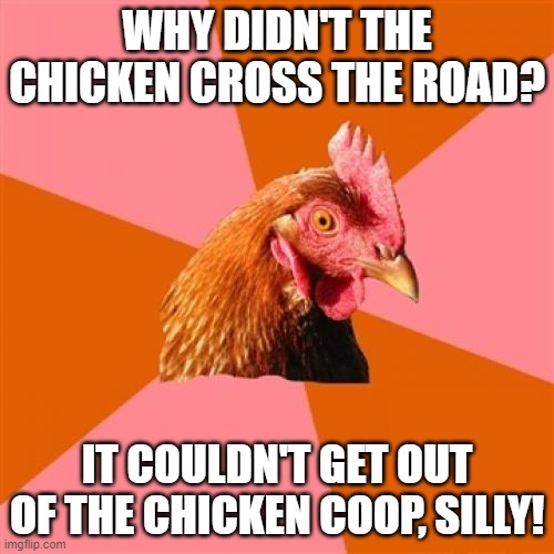 I couldn't think of a suitable title | WHY DIDN'T THE CHICKEN CROSS THE ROAD? IT COULDN'T GET OUT OF THE CHICKEN COOP, SILLY! | image tagged in memes,anti joke chicken | made w/ Imgflip meme maker