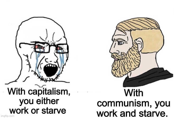 Communism is trash |  With capitalism, you either work or starve; With communism, you work and starve. | image tagged in soyboy vs yes chad,memes,politics lol,communism and capitalism | made w/ Imgflip meme maker