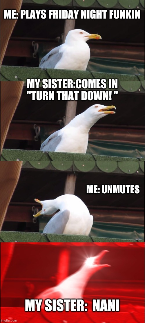 i know this too well | ME: PLAYS FRIDAY NIGHT FUNKIN; MY SISTER:COMES IN
"TURN THAT DOWN! "; ME: UNMUTES; MY SISTER:  NANI | image tagged in memes,inhaling seagull | made w/ Imgflip meme maker