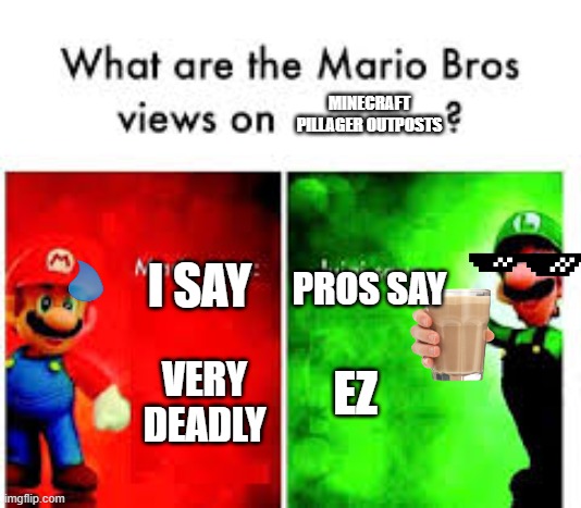True | MINECRAFT PILLAGER OUTPOSTS; I SAY; PROS SAY; VERY DEADLY; EZ | image tagged in mario brothers veiws | made w/ Imgflip meme maker