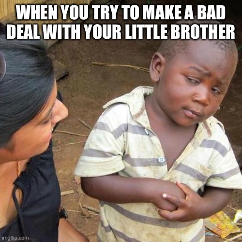 brothers | WHEN YOU TRY TO MAKE A BAD DEAL WITH YOUR LITTLE BROTHER | image tagged in memes,third world skeptical kid,little brother | made w/ Imgflip meme maker