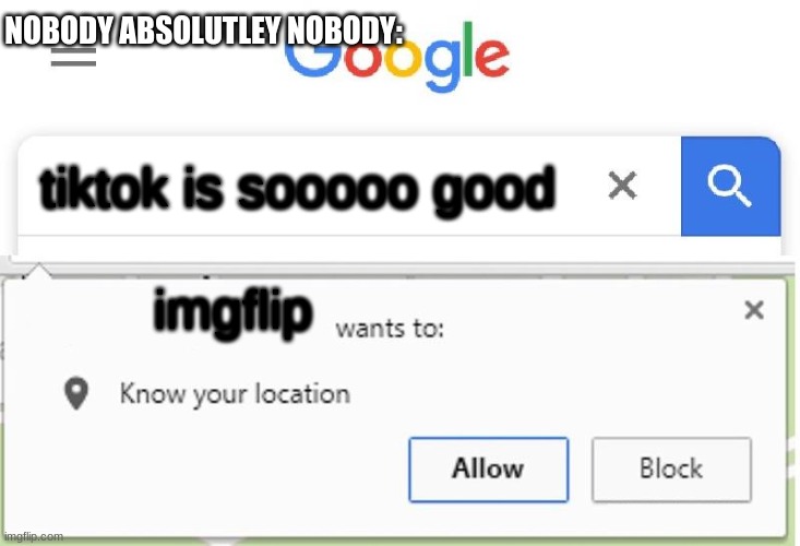 Wants to know your location | NOBODY ABSOLUTLEY NOBODY:; tiktok is sooooo good; imgflip | image tagged in wants to know your location | made w/ Imgflip meme maker