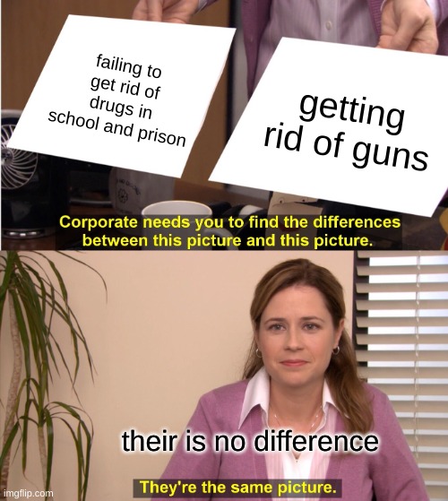 you really think they can do that | failing to get rid of drugs in school and prison; getting rid of guns; their is no difference | image tagged in memes,they're the same picture | made w/ Imgflip meme maker