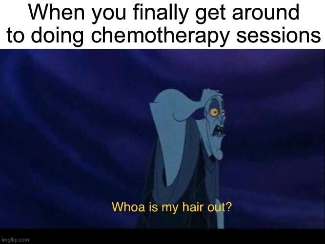 Lost hair | When you finally get around to doing chemotherapy sessions | image tagged in funny,memes,hercules,hades,cancer | made w/ Imgflip meme maker