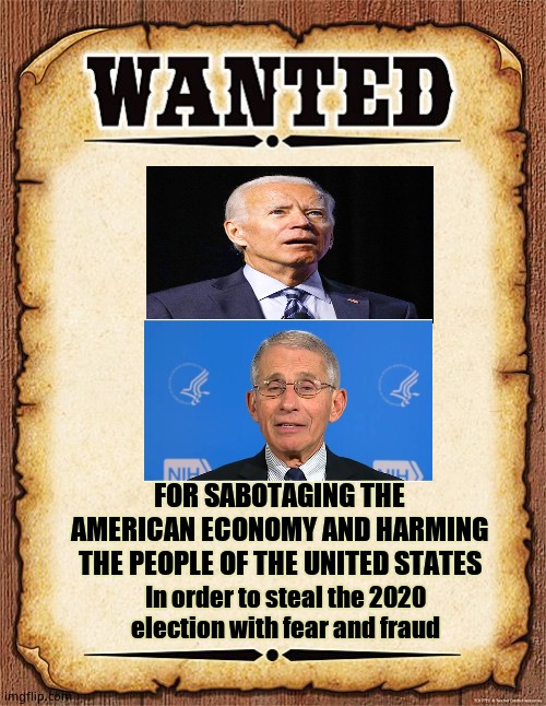 They lied. People died. They scammed an election because they knew they couldn't win fairly. These are criminals. | FOR SABOTAGING THE AMERICAN ECONOMY AND HARMING THE PEOPLE OF THE UNITED STATES; In order to steal the 2020 election with fear and fraud | image tagged in wanted poster,joe biden,dr fauci | made w/ Imgflip meme maker