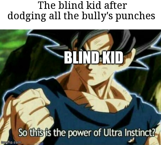 So this is the power of ultra instinct | The blind kid after dodging all the bully's punches; BLIND KID | image tagged in so this is the power of ultra instinct | made w/ Imgflip meme maker