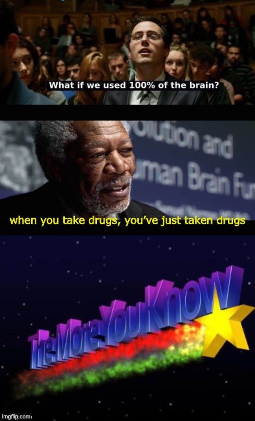 when you take drugs, you’ve just taken drugs | image tagged in what if we used 100 of the brain,the more you know,memes,funny | made w/ Imgflip meme maker