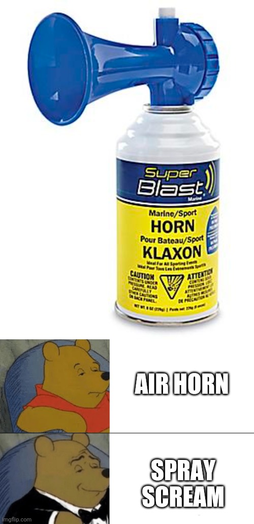 AIR HORN; SPRAY SCREAM | image tagged in memes,tuxedo winnie the pooh | made w/ Imgflip meme maker