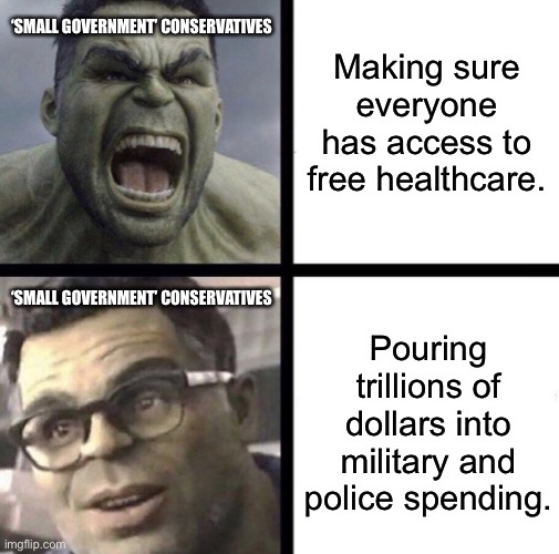 “Big Government” is a term Americans made up to scare themselves. | ‘SMALL GOVERNMENT’ CONSERVATIVES; Making sure everyone has access to free healthcare. ‘SMALL GOVERNMENT’ CONSERVATIVES; Pouring trillions of dollars into military and police spending. | image tagged in professor hulk,military,acab,healthcare | made w/ Imgflip meme maker