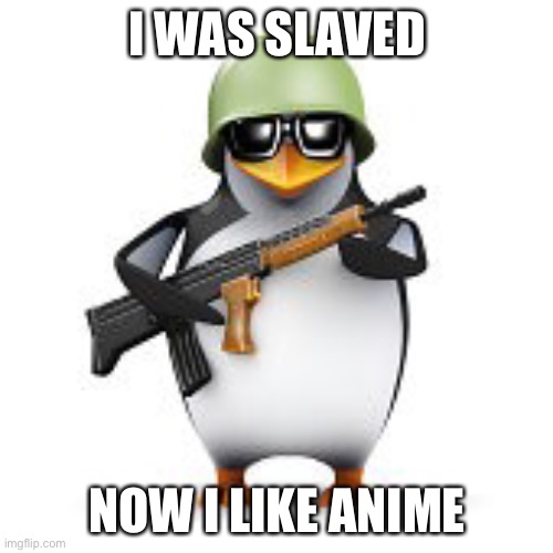 no anime penguin | I WAS SLAVED NOW I LIKE ANIME | image tagged in no anime penguin | made w/ Imgflip meme maker