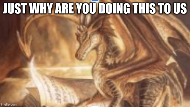 reading dragon | JUST WHY ARE YOU DOING THIS TO US | image tagged in reading dragon | made w/ Imgflip meme maker