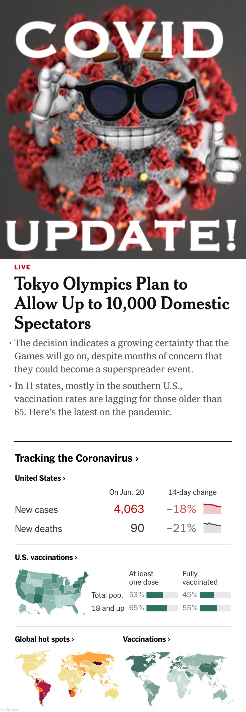 U.S. cases and deaths continue to fall. Japan remains full-speed ahead with the Olympics despite low vaccination rates. | image tagged in covid update,covid-19,coronavirus,vaccination,japan,meanwhile in japan | made w/ Imgflip meme maker