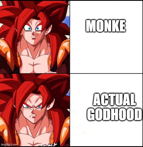 Angry Gogeta | MONKE ACTUAL GODHOOD | image tagged in angry gogeta | made w/ Imgflip meme maker