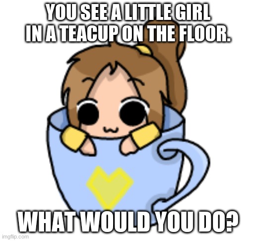 idek | YOU SEE A LITTLE GIRL IN A TEACUP ON THE FLOOR. WHAT WOULD YOU DO? | image tagged in lily in a teacup 3 | made w/ Imgflip meme maker