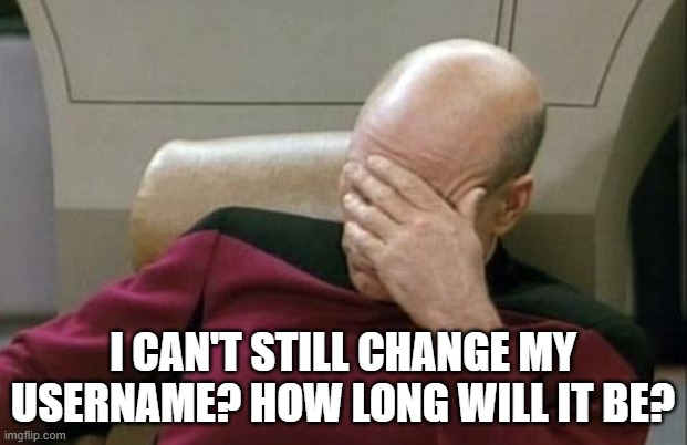 Captain Picard Facepalm | I CAN'T STILL CHANGE MY USERNAME? HOW LONG WILL IT BE? | image tagged in memes,captain picard facepalm | made w/ Imgflip meme maker