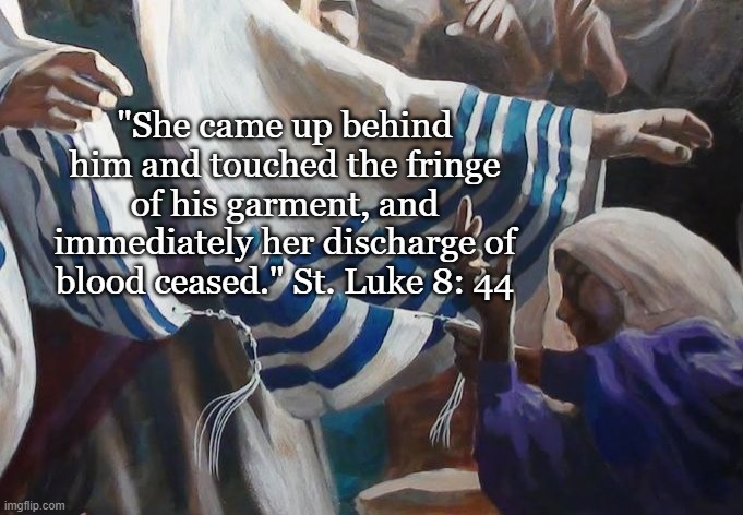 Woman with the Flow of Blood | "She came up behind him and touched the fringe of his garment, and immediately her discharge of blood ceased." St. Luke 8: 44 | image tagged in tallit,fringe,christ,faith | made w/ Imgflip meme maker