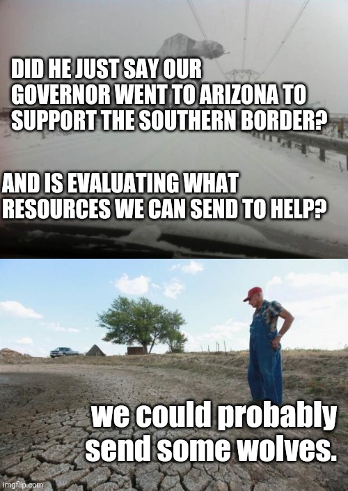 meanwhile in idaho | DID HE JUST SAY OUR GOVERNOR WENT TO ARIZONA TO SUPPORT THE SOUTHERN BORDER? AND IS EVALUATING WHAT RESOURCES WE CAN SEND TO HELP? we could probably send some wolves. | image tagged in meanwhile in idaho,drought farmer | made w/ Imgflip meme maker