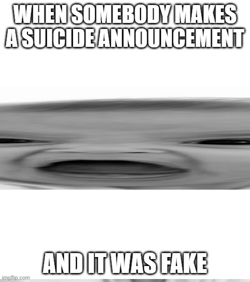 is this the most cursed thing ever? | WHEN SOMEBODY MAKES A SUICIDE ANNOUNCEMENT; AND IT WAS FAKE | image tagged in question mark | made w/ Imgflip meme maker