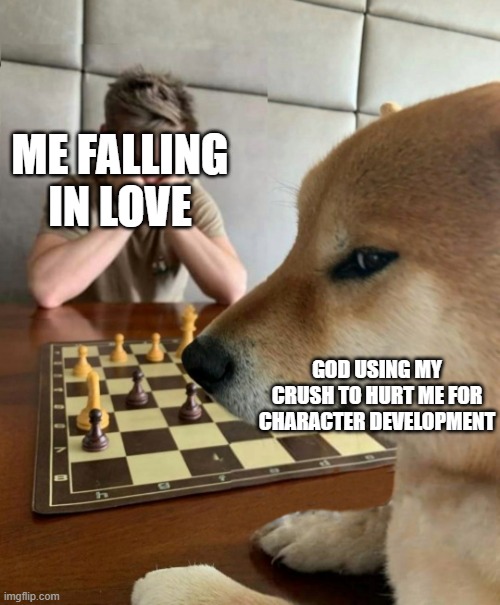 Chess doge | ME FALLING IN LOVE; GOD USING MY CRUSH TO HURT ME FOR CHARACTER DEVELOPMENT | image tagged in chess doge | made w/ Imgflip meme maker