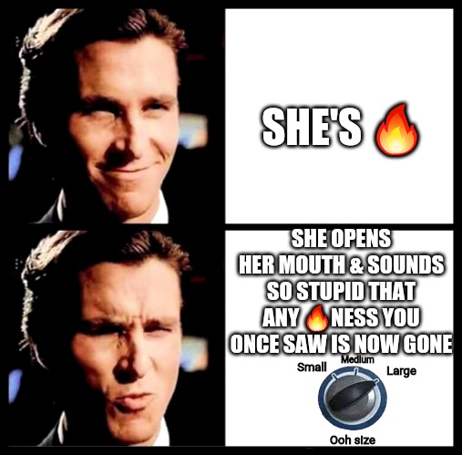 Christian Bale Ooh | SHE'S 🔥; SHE OPENS HER MOUTH & SOUNDS SO STUPID THAT ANY 🔥NESS YOU ONCE SAW IS NOW GONE; Medium; Large; Small; Ooh size | image tagged in christian bale ooh,oof size large,ooh size large,do you are have stupid,funny memes | made w/ Imgflip meme maker