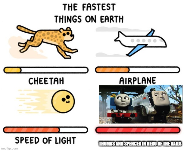 THOMAS THE TANK ENGINE MEMES #1 | THOMAS AND SPENCER IN HERO OF THE RAILS | image tagged in fastest thing possible | made w/ Imgflip meme maker