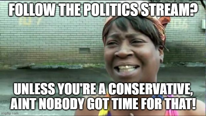 Ain't nobody got time for that. | FOLLOW THE POLITICS STREAM? UNLESS YOU'RE A CONSERVATIVE, AINT NOBODY GOT TIME FOR THAT! | image tagged in ain't nobody got time for that | made w/ Imgflip meme maker
