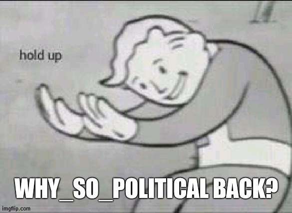Is he really?? | WHY_SO_POLITICAL BACK? | image tagged in fallout hold up,back | made w/ Imgflip meme maker