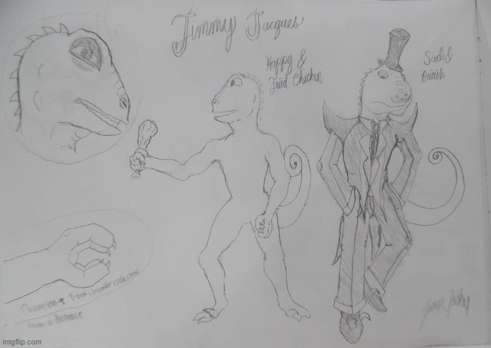 Jimmy Jacques: My little Brother's dino OC. "There's 2 kinds of people in this world-Sad and British or Happy and Fried Chicken" | image tagged in original character,fan art,anthro,furry,lizard,dinosaur | made w/ Imgflip meme maker