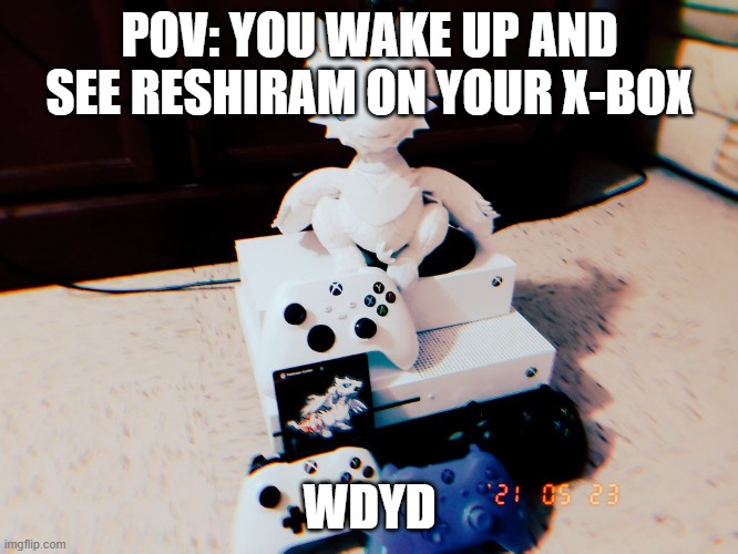WDYD? | POV: YOU WAKE UP AND SEE RESHIRAM ON YOUR X-BOX; WDYD | image tagged in yes i mean the pokemon reshiram,lmao,stop reading the tags | made w/ Imgflip meme maker