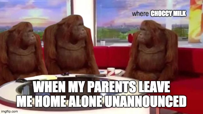 where banana | CHOCCY MILK; WHEN MY PARENTS LEAVE ME HOME ALONE UNANNOUNCED | image tagged in where banana | made w/ Imgflip meme maker