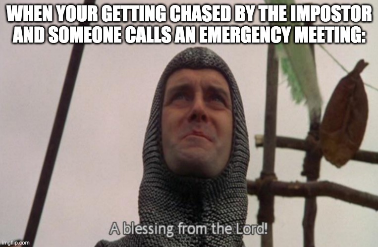 A blessing from the lord | WHEN YOUR GETTING CHASED BY THE IMPOSTOR AND SOMEONE CALLS AN EMERGENCY MEETING: | image tagged in a blessing from the lord | made w/ Imgflip meme maker