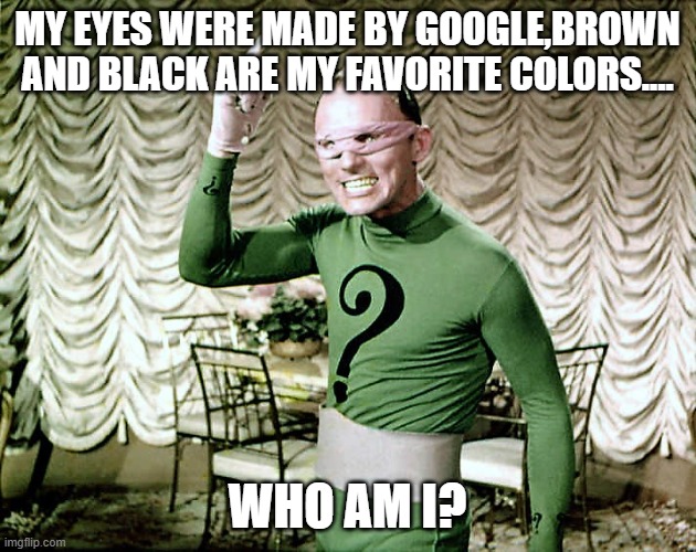 RIDDLE MEME | MY EYES WERE MADE BY GOOGLE,BROWN AND BLACK ARE MY FAVORITE COLORS.... WHO AM I? | image tagged in riddle me this | made w/ Imgflip meme maker