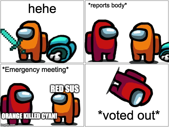 Every among us round be like: | hehe; *reports body*; *Emergency meeting*; RED SUS; *voted out*; ORANGE KILLED CYAN! | image tagged in memes,blank comic panel 2x2 | made w/ Imgflip meme maker