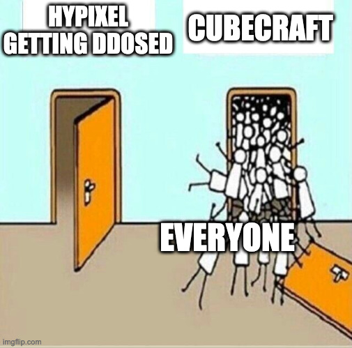 Hypixel... | HYPIXEL GETTING DDOSED; CUBECRAFT; EVERYONE | image tagged in two doors | made w/ Imgflip meme maker