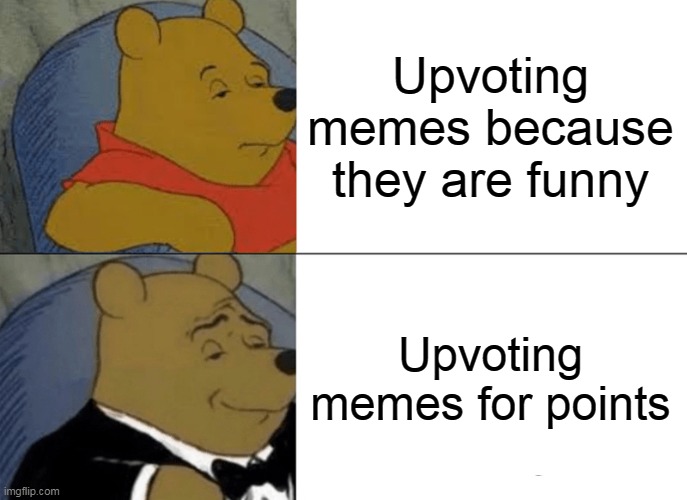 Bruh | Upvoting memes because they are funny; Upvoting memes for points | image tagged in memes,tuxedo winnie the pooh | made w/ Imgflip meme maker