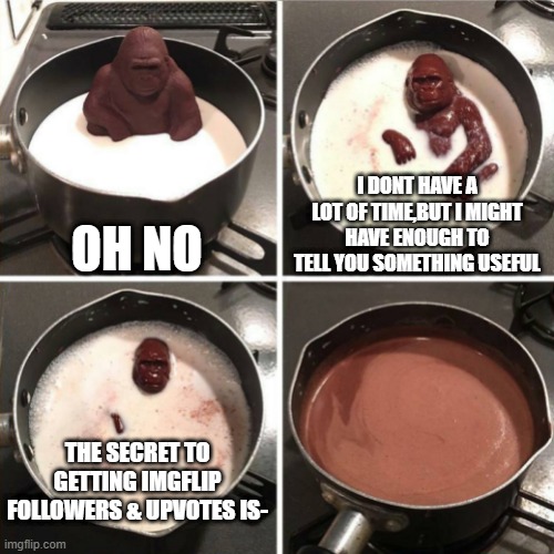 NO CHOCOLATE MONKE GET BACK HERE! | OH NO; I DONT HAVE A LOT OF TIME,BUT I MIGHT HAVE ENOUGH TO TELL YOU SOMETHING USEFUL; THE SECRET TO GETTING IMGFLIP FOLLOWERS & UPVOTES IS- | image tagged in chocolate gorilla | made w/ Imgflip meme maker