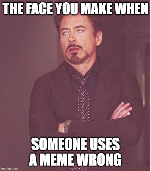 Face You Make Robert Downey Jr | THE FACE YOU MAKE WHEN; SOMEONE USES A MEME WRONG | image tagged in memes,face you make robert downey jr | made w/ Imgflip meme maker