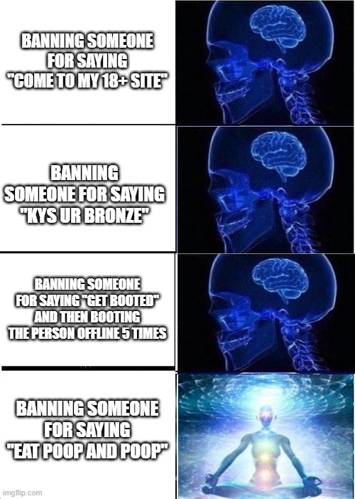 Expanding Brain Meme | BANNING SOMEONE FOR SAYING "COME TO MY 18+ SITE"; BANNING SOMEONE FOR SAYING "KYS UR BRONZE"; BANNING SOMEONE FOR SAYING "GET BOOTED" AND THEN BOOTING THE PERSON OFFLINE 5 TIMES; BANNING SOMEONE FOR SAYING "EAT POOP AND POOP" | image tagged in memes,expanding brain | made w/ Imgflip meme maker