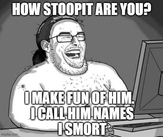 Basement dweller | HOW STOOPIT ARE YOU? I MAKE FUN OF HIM.  
I CALL HIM NAMES
I SMORT | image tagged in basement dweller | made w/ Imgflip meme maker