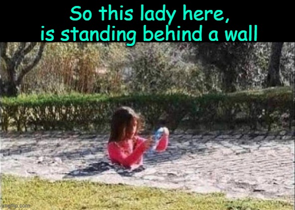 When you see it . . | So this lady here, is standing behind a wall | image tagged in middle school,funny,memes,optical illusion | made w/ Imgflip meme maker